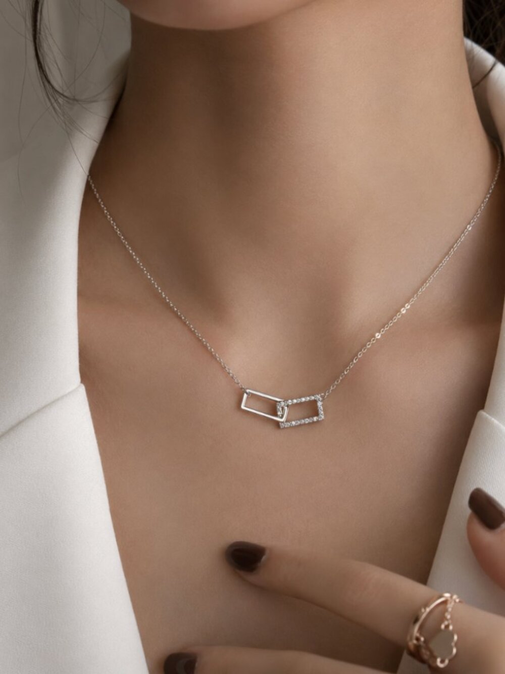Sterling Silver Diamond Linked Rectangle Necklace